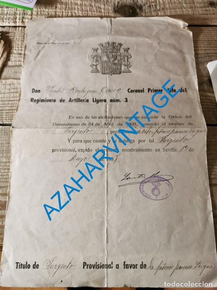 Militaria: SEVILLA, 1937, GUERRA CIVIL, NOMBRAMIENTO DE UN SARGENTO PROVISIONAL, ARTILLERIA
