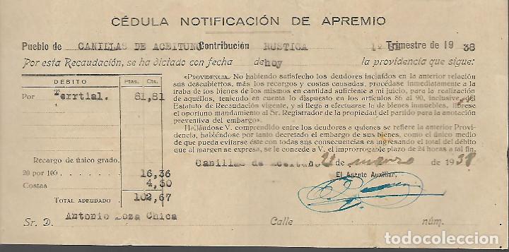Militaria: CANILLAS DE ACEITUNO-MALAGA- NOTIFICACION APREMIO. A&Ntilde;O 1938. VER FOTO