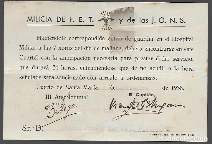 Militaria: PUERTO SANTA MARIA.-CADIZ- MILICIA F.E.T. J.O.N.S. A&Ntilde;O 1938. VER FOTO