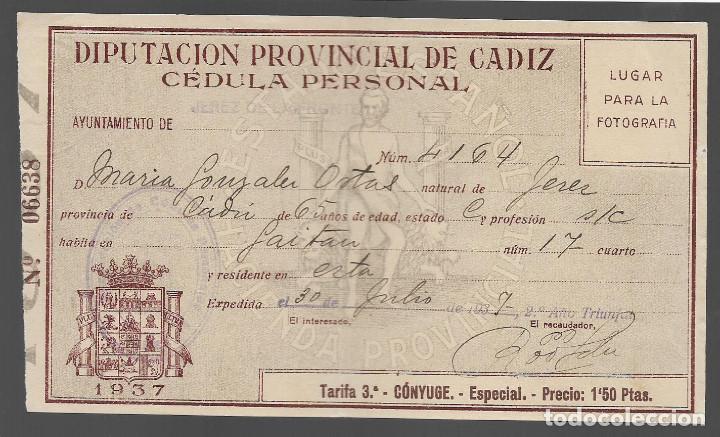 Militaria: CADIZ- CEDULA PERSONAL.- A&Ntilde;O 1937, VER FOTOS