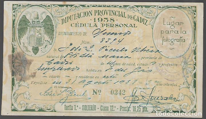 Militaria: CADIZ- CEDULA PERSONAL.- A&Ntilde;O 1938, VER FOTOS