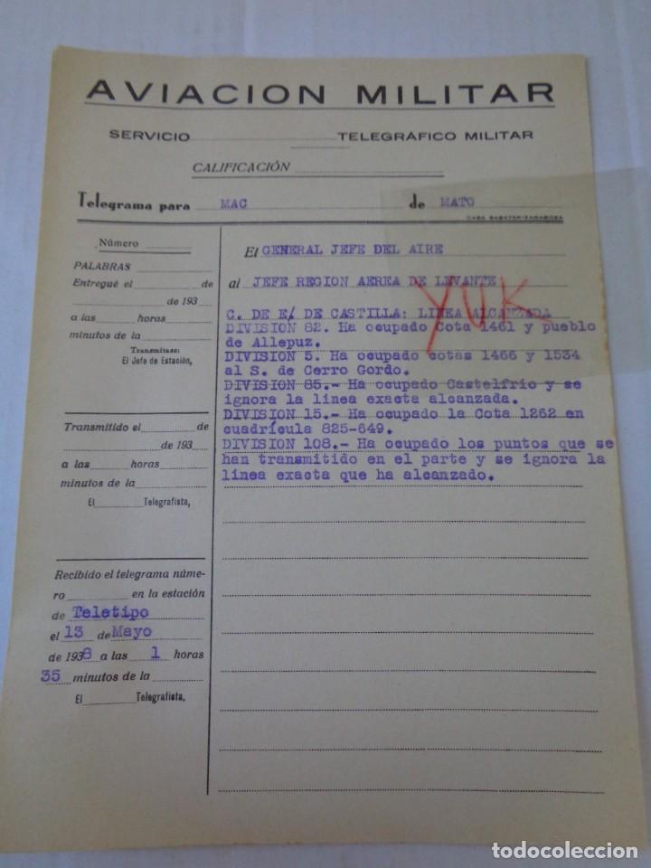 Militaria: TELEGRAMA AVIACION DIVISION 82 OCUPA ALLEPUZ -DIVISION 85 OCUPA CASTELFRIO 13 MAYO 1938 GUERRA CIVIL