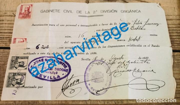 Militaria: SEVILLA, 1937 GUERRA CIVIL AUTORIZACION UTILIZACION CAMARA FOTOGRAFICA, RARA