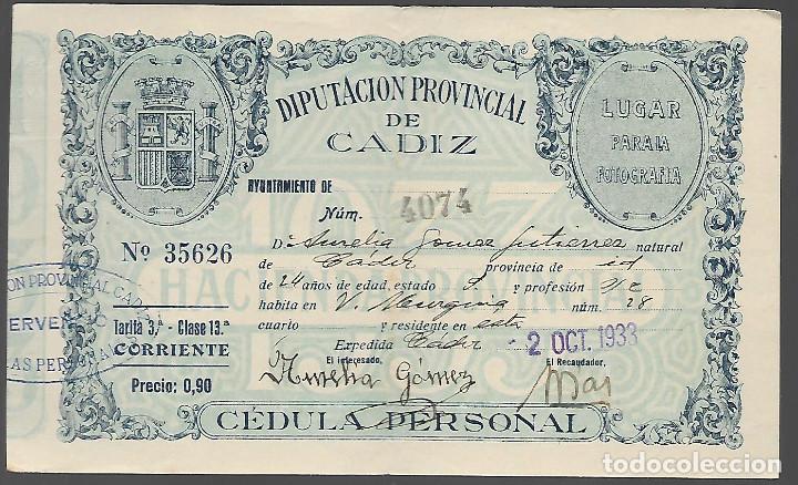 Militaria: CADIZ,.- CEDULA PERSONAL.- REPUBLICA-- VER FOTO