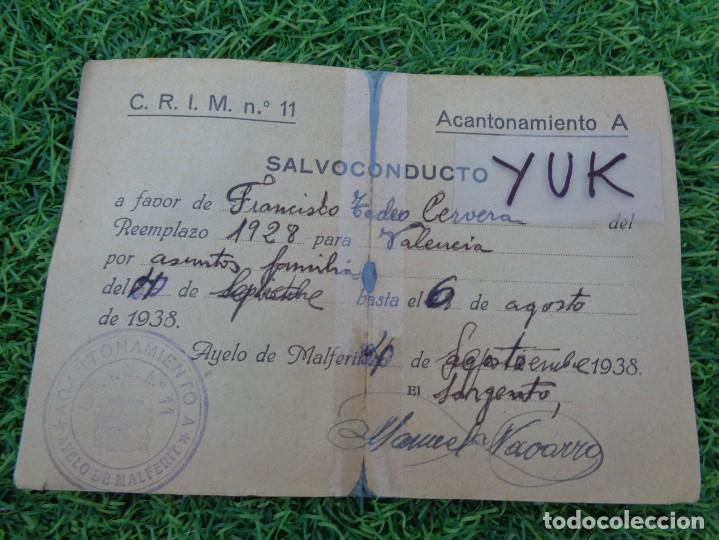 Militaria: SALVOCONDUCTO POR MOTIVOS FAMILIARES - SEPT 1938 - ACANTONAMIENTO A - AYELO DE MALFERIT (VALENCIA)