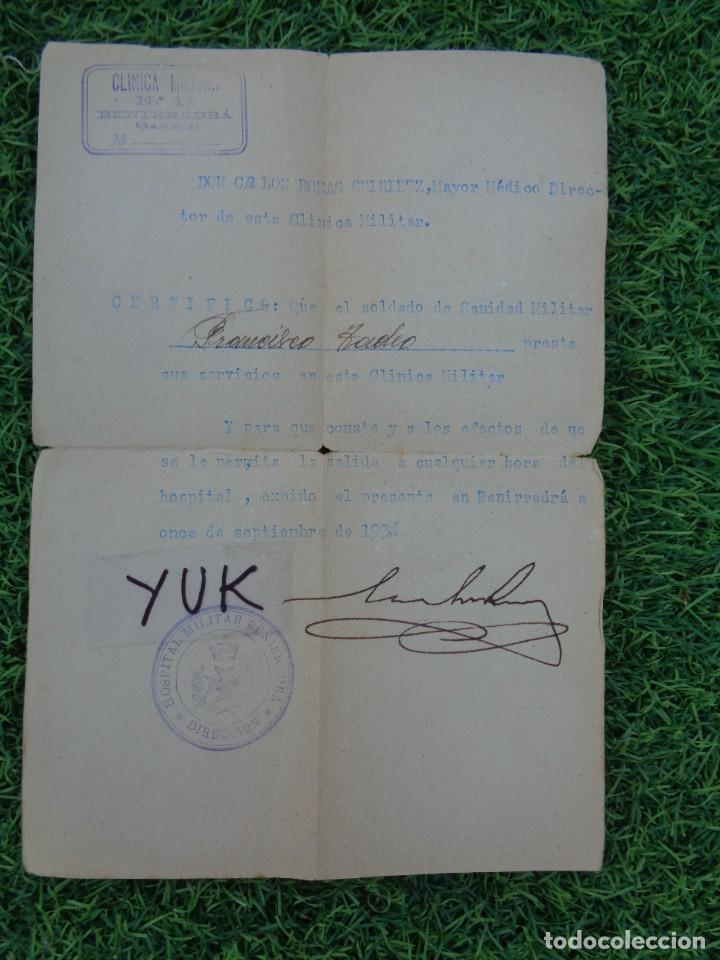 Militaria: SALVOCONDUCTO DE SOLDADO POR TRABAJO EN CLINICA MILITAR - 11 SEPT 1936 - BENIRREDRA (VALENCIA)