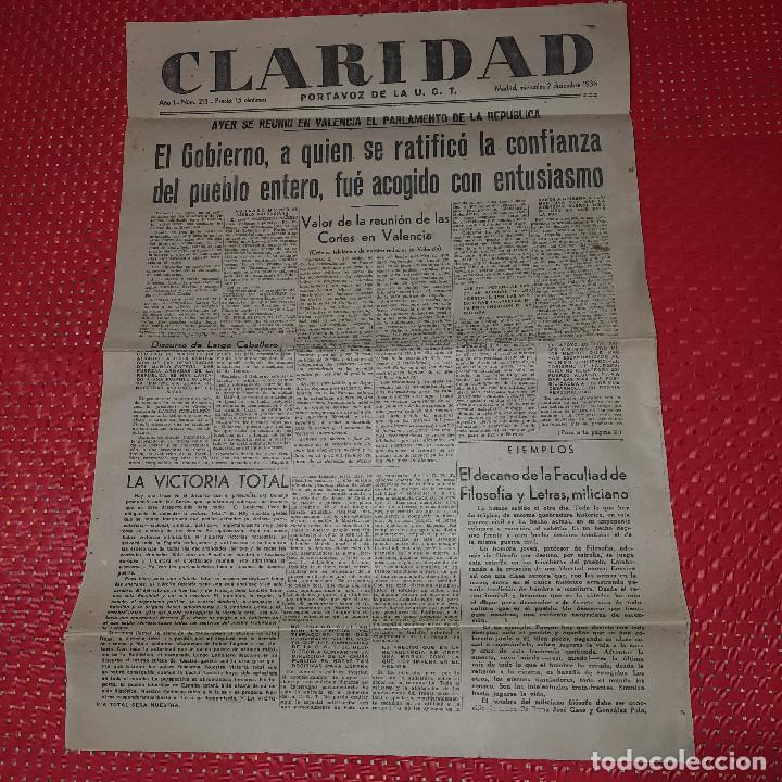 Militaria: CLARIDAD - PORTAVOZ DE LA U.G.T. - MADRID, MI&Eacute;RCOLES 2 DICIEMBRE 1936 - GUERRA CIVIL