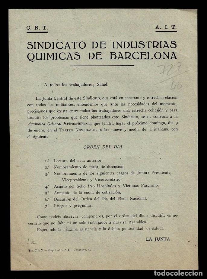 Militaria: L34-2 Guerra Civil C.N.T. - A.I.T. Convocatoria del SINDICATO DE INDUSTRIAS QUIMICAS DE BARCELONA C.