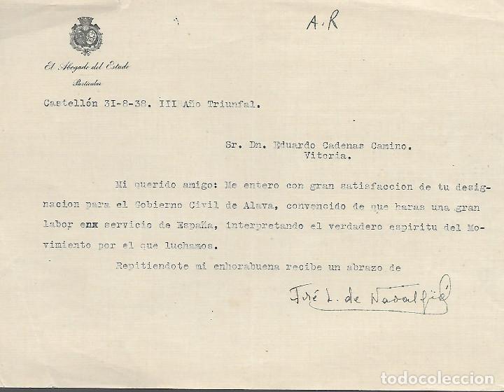 Militaria: CASTELLON, ABOGADO DEL ESTADO A GOBERNADOR CIVIL ALAVA,- EDUARDO CARDENAS- AGOSTO 1938, VER FOTO