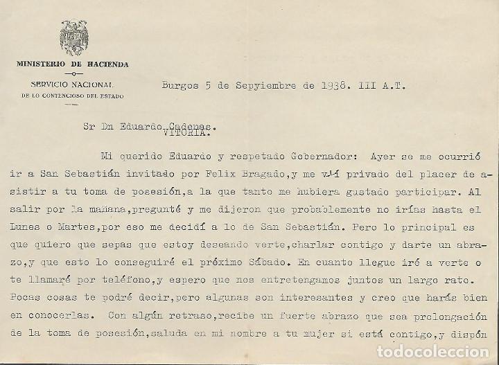 Militaria: BURGOS, MINISTERIO DE HACIENDA A GOBERNADOR CIVIL ALAVA,- EDUARDO CARDENAS- A&Ntilde;O 1938, VER FOTO