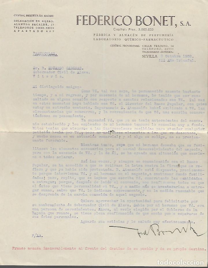 Militaria: SEVILLA. FEDERICO BONET, S.A. A GOBERNADOR CIVIL ALAVA,- EDUARDO CARDENAS- A&Ntilde;O 1938, VER FOTO