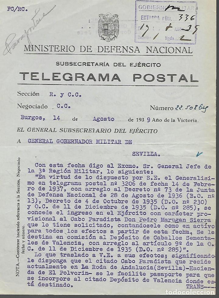 Militaria: BURGOS, TELEGRAMA POSTAL.- LA RODA ANDALUCIA-SEVILLA, A&Ntilde;O 1939, VER FOTO