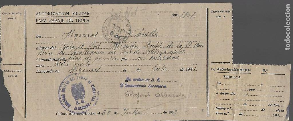 Militaria: ALGECIRAS-CADIZ- AUTORIZACION MILITAR PASAJE DE TROPA, VER FOTOS
