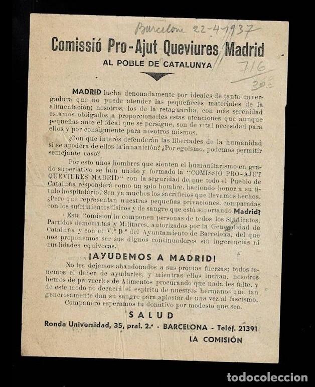 Militaria: L34-13-39 Guerra Civil Octavilla de la Comissio PRO-AJUT QUEVIURES MADRID Tama&ntilde;o 17.50. x 13 cm.