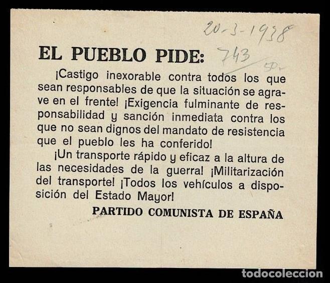 Militaria: L34-13-37 Guerra Civil Octavilla del PARTIDO COMUNISTA DE ESPA&Ntilde;A Tama&ntilde;o 15.50. x 13 cm.
