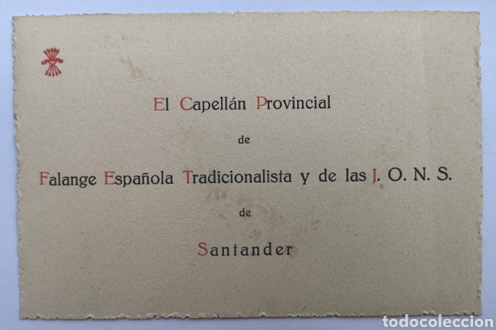Militaria: Antigua Tarjeta del Capell&aacute;n Provincial de la Falange Tradicionalista de las JONS de Santander