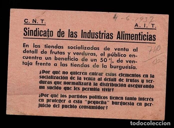 Militaria: L34-13-30 Guerra Civil Octavilla de la C.N.T. - A.I.T. Sindicato de Industrias Alimenticias Tama&ntilde;o 1
