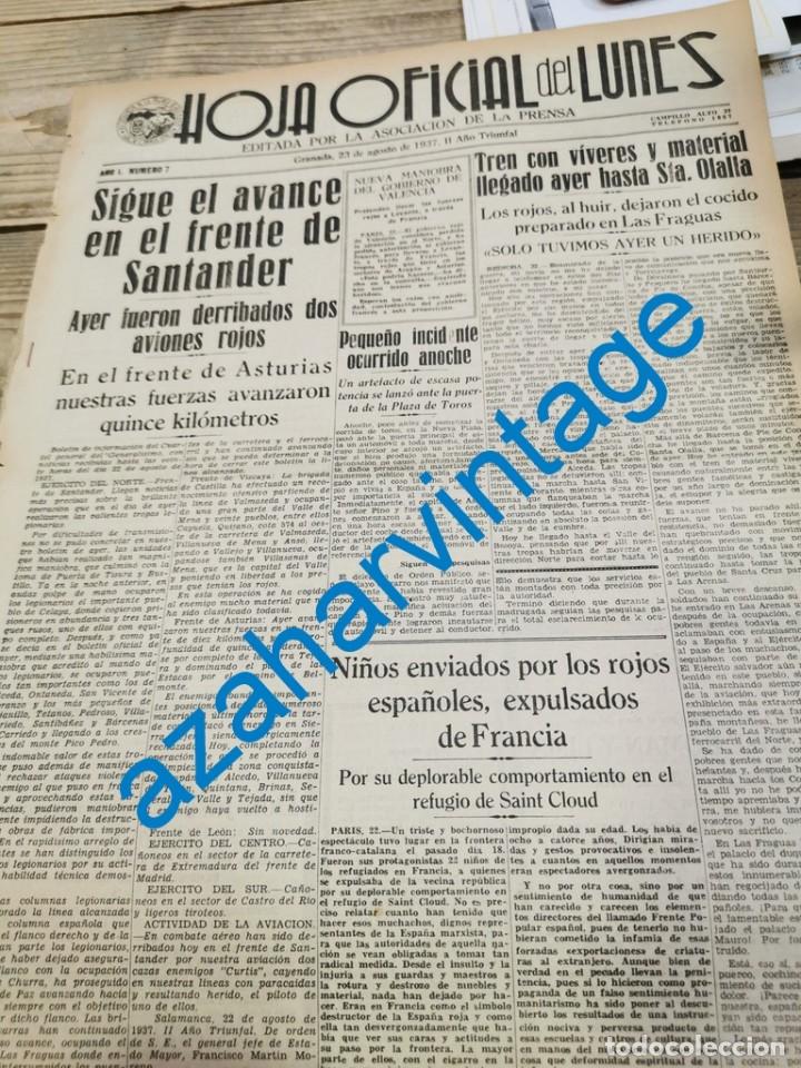 Militaria: HOJA DEL LUNES, GRANADA, 30 AGOSTO 1937, A&Ntilde;O I, NUMERO 7, GUERRA CIVIL, 4 PAGINAS