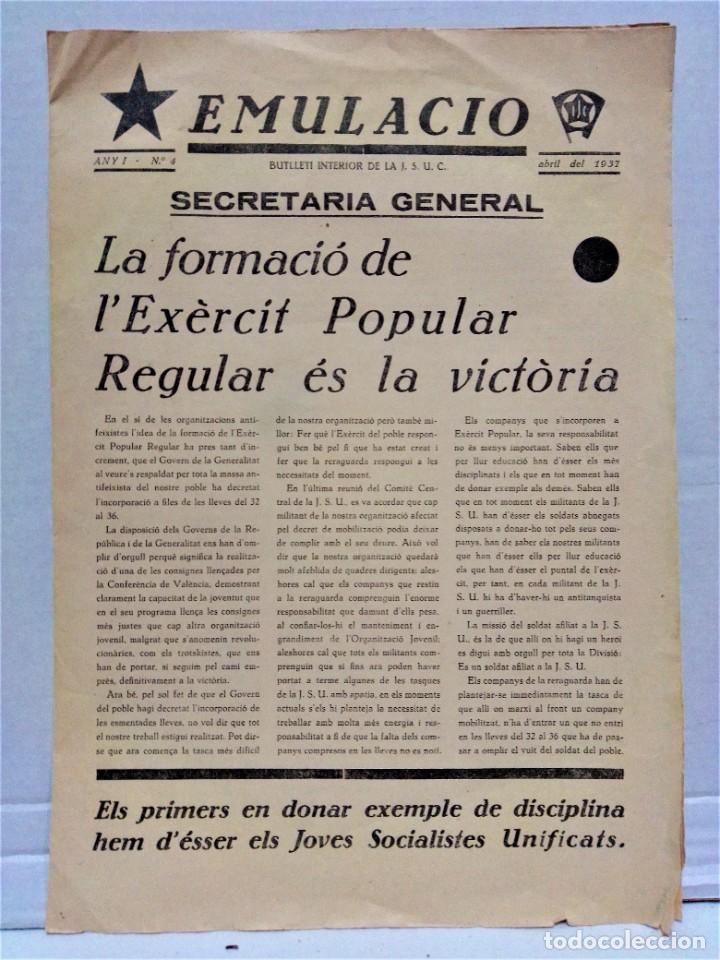 Military Antiques: EMULACIO.BUTLLET&Iacute; INTERIOR DE J.S.U.C. N&ordm; 4.ABRIL DEL 1937.ORIGINAL DE LA EPOCA.