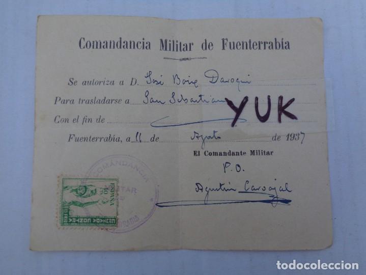 Military Antiques: AUTORIZACION POR LA COMANDANCIA MILITAR DE FUENTERRABIA (GUIPUZCOA) - AGOSTO 1937 GUERRA CIVIL