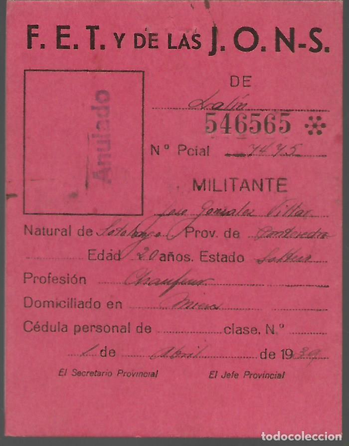 Militaria: PONTEVEDRA, CARNET MILITANTE- F.E.T. J.O.N.S. VER FOTOS