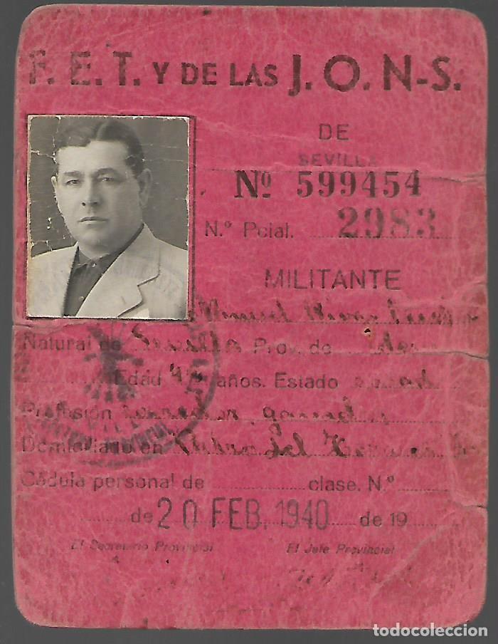 Militaria: SEVILLA, CARNET MILITANTE- F.E.T. J.O.N.S. VER FOTOS