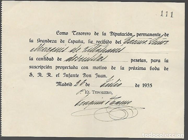 Militaria: MADRID, SUSCRIPCION RECIBIDO 200 PTAS--BODA DE S.A.R.EL INFANTE DON JUAN.- 26 JULIO 1935, VER FOTO