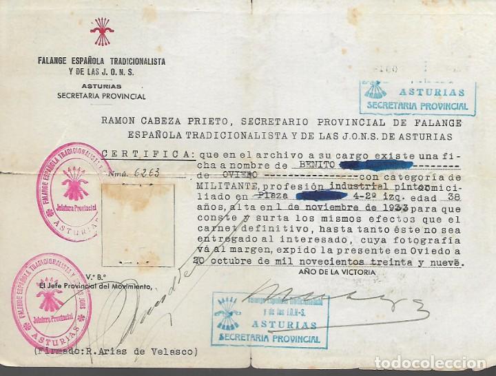 Military Antiques: ASTURIAS,- F.E. CERTIFICADO DE AFILIACION,- FIRMA: EL JEFE PROVINCIAL DEL MOVIMIENTO, 1939, VER FOT