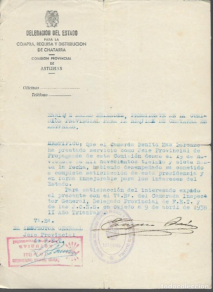 Military Antiques: ASTURIAS,- CERTIFICADO PRESTACION DE SERVICIOS COMO JEFE PROVINCIAL.. A&Ntilde;O 1938, VER FOTOS