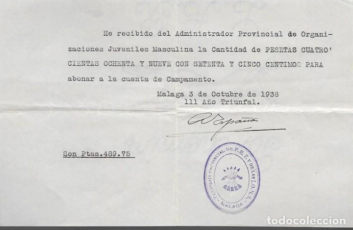 Military Antiques: MALAGA, RECIBI, 489,75 PTAS. -ORG. JUVENILES MASCULINAS- A&Ntilde;O 1938, VER FOTO