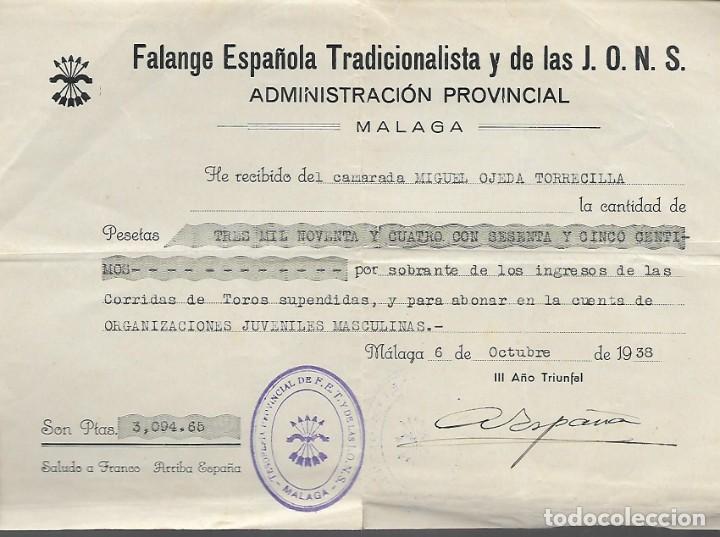 Militaria: MALAGA, RECIBI, 3,094.65 PTAS. -ORG. JUVENILES MASCULINAS- A&Ntilde;O 1938, VER FOTO
