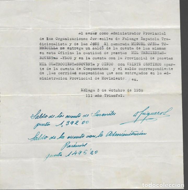 Militaria: MALAGA, ENTREGA , 1,392 Y 1,496.20 PTAS. -ORG. JUVENILES DE FALANGE... A&Ntilde;O 1938, VER FOTO