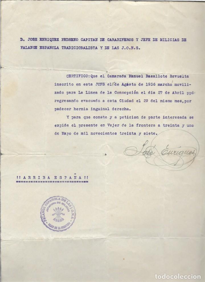 Militaria: VEJER DE LA FRONTERA-CADIZ- F.E. REGRESO EVACUADO PADECER HERNIA INGUINAL, 1937. VER FOTO