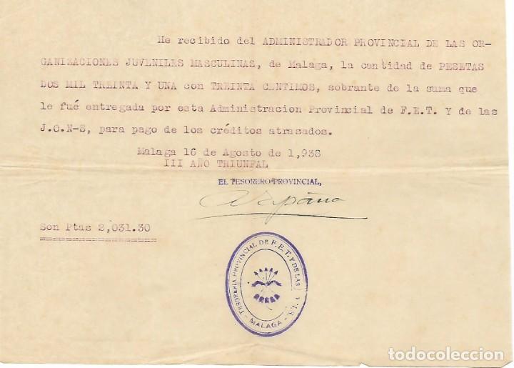 Militaria: MALAGA, RECIBI ORG. JUVENILES MASCULINAS 2,031.30 PTAS, PARA PAGO DE CREDITOS.-VER FOTO