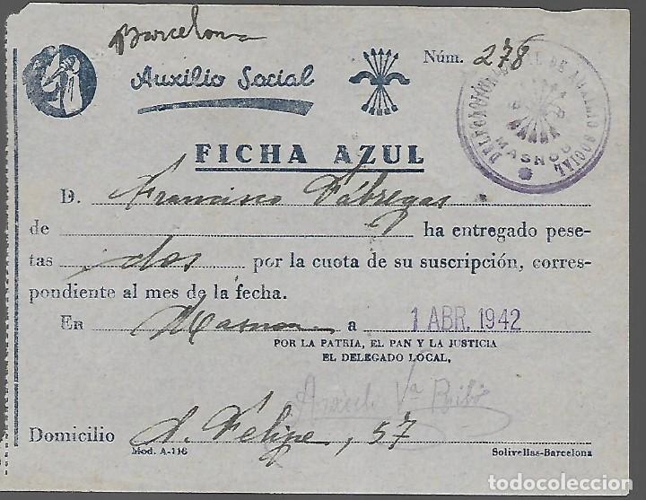 Military Antiques: MASNOU. AUXILIO SOCIAL -FICHA AZUL- 1 PTA.-CUOTA, VER FOTO