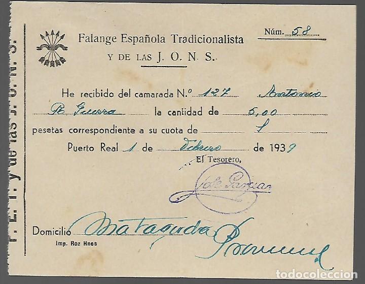 Military Antiques: PUERTO REAL,- CUOTA 5 PTAS,- F.E. J.O.N.S. FEBRERO 1939, VER FOTO