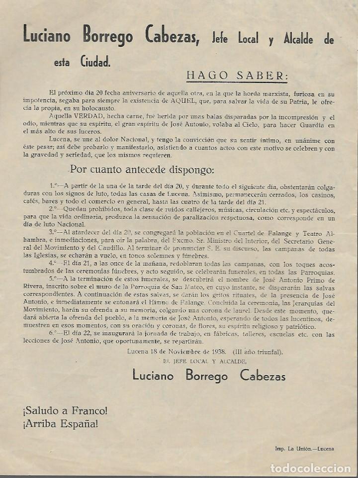 Military Antiques: LUCENA, BANDO DEL ALCALDE.- LUCIANO BORREGO .. LUTO POR LA MUERTE DE JOSE ANTONIO. F.E.- VER FOTOS