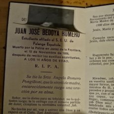 Militaria: ESQUELA CON FOTO.-JEREZ-- JUAN JOSE BEDOYA ROMERO-ESTUDIANTE AFILIADO AL S.E.U. F.E. 10-11-1936,. Lote 330193018