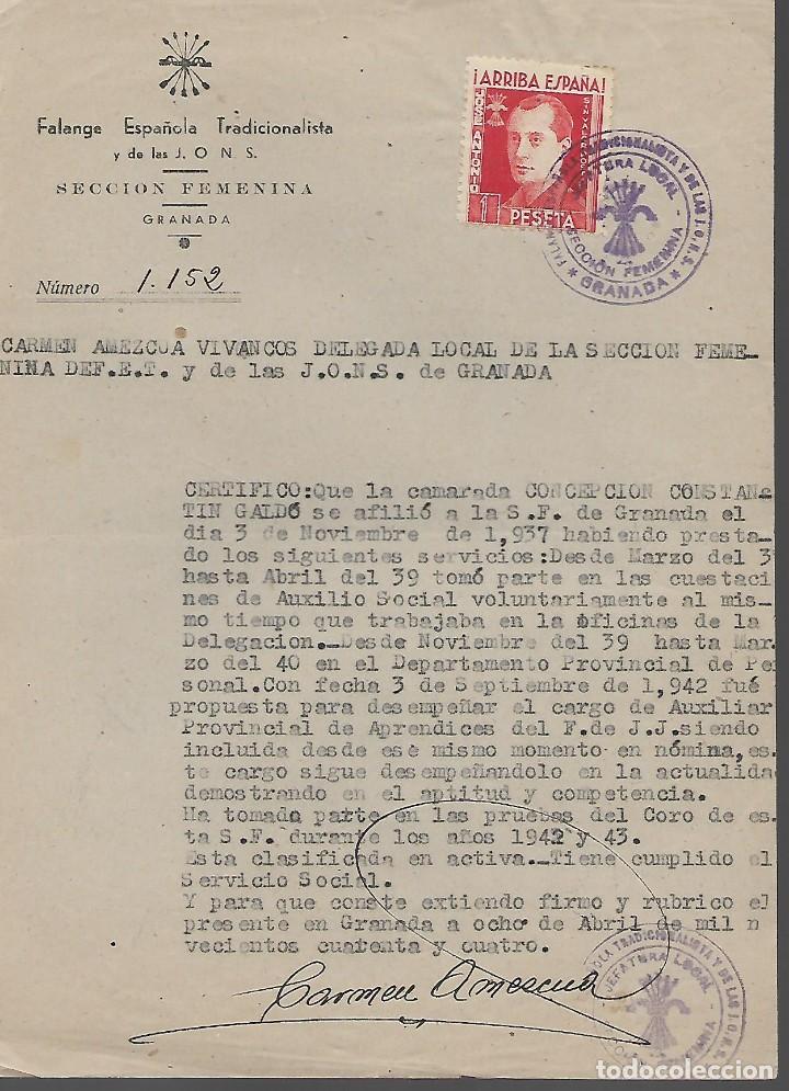 Militaria: GRANADA, F.E. FEMENINA.- CERTIFICADO.- , VER FOTO