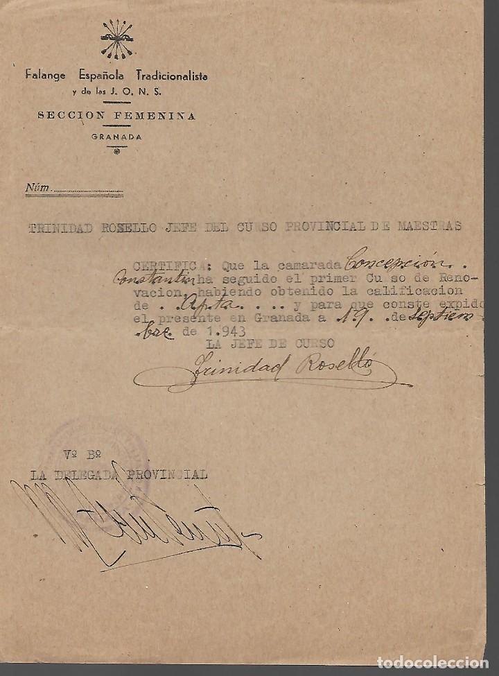 Militaria: GRANADA, F.E. FEMENINA.- CERTIFICADO.- , VER FOTO