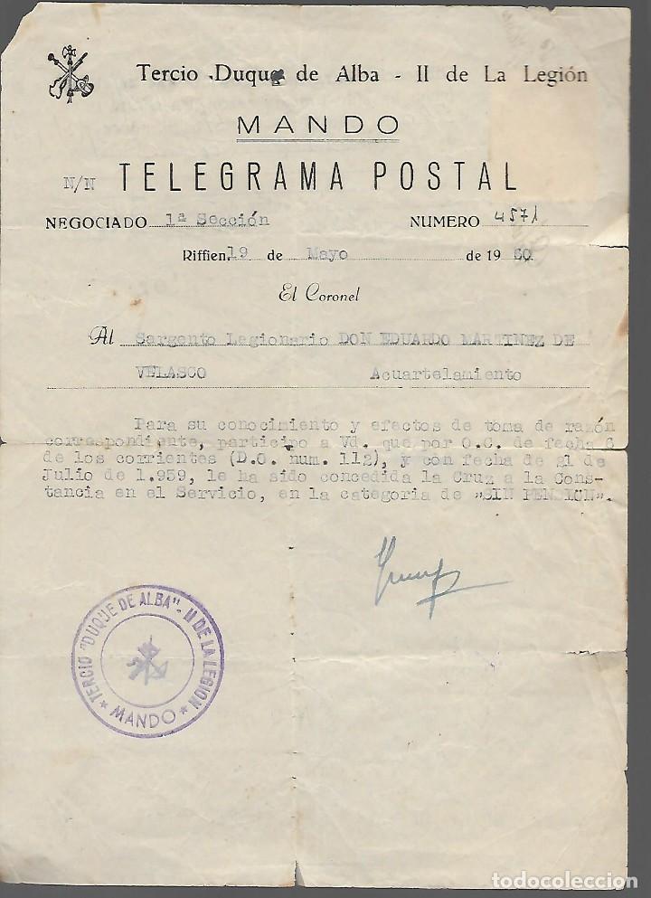 Military Antiques: TELEGRAMA POSTAL, TERCIO DUQUE DE ALBA. II DE LA LEGION- CRUZ DE LA CONSTANCIA- VER FOTOS