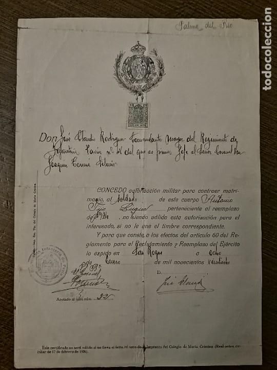 Militaria: SAN ROQUE, AUTORIZACION MILITAR PARA MATRIMONIO, A&Ntilde;O 1928, VER FOGOS