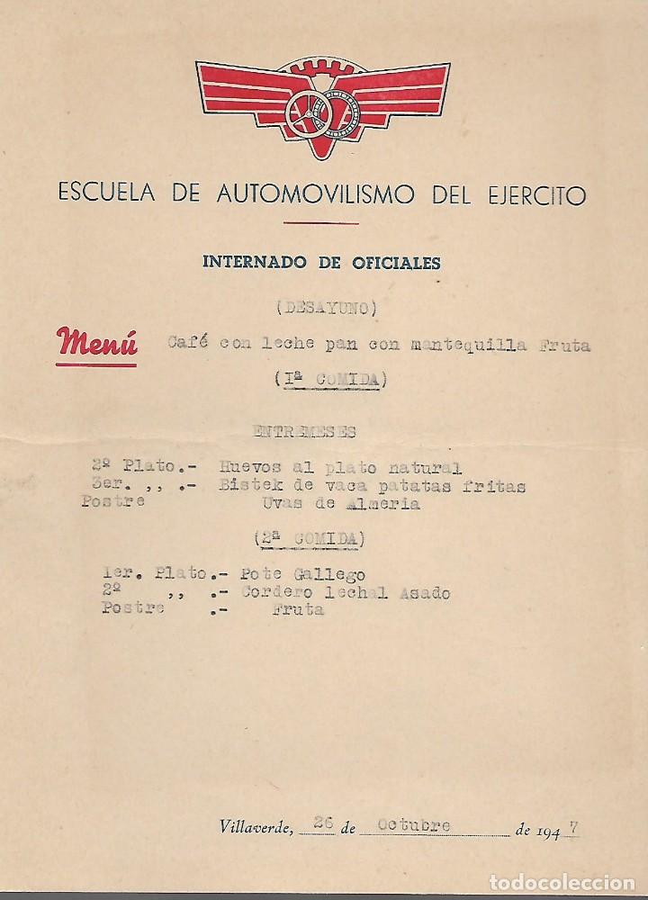Militaria: VILLAVERDE.-ESCUELA DE AUTOMOVILISMO DEL EJERCITO, MENU.- VER FOTO