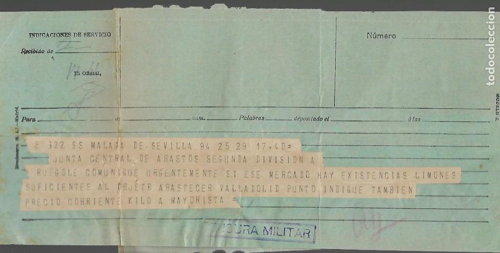 Military Antiques: MALAGA.-TELEGRAMA CON C.M. A LA JUNTA CENTRAL DE ABASTOS.VER FOTOS