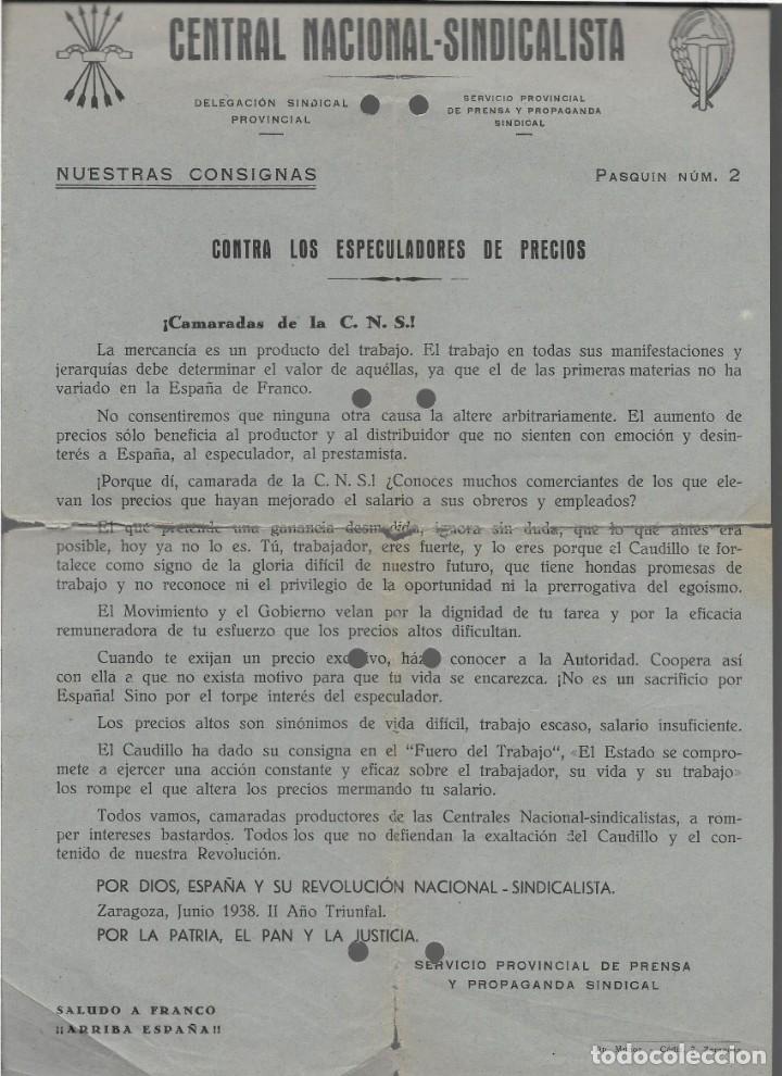 Militaria: ZARAGOZA.- C.N.S.-PASQUIN N&ordm; 2 - NUESTRAS CONSIGNAS- JUNIO 1938. -VER FOTO