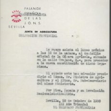 Militaria: SEVILLA, JUNTA DE AGRICULTORES. F.E. J.O.N.S. AL DIRECTOR AZUCARERA , MINISTRO AGRICULTUA, AÑO 1938,. Lote 341392123
