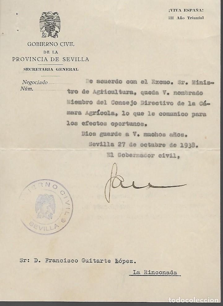 Militaria: SEVILLA, GOBIERNO CIVIL. AL DIRECTOR AZUCARERA,NOMBRAMIENTO, MINISTRO AGRICULTUA, A&Ntilde;O 1938,