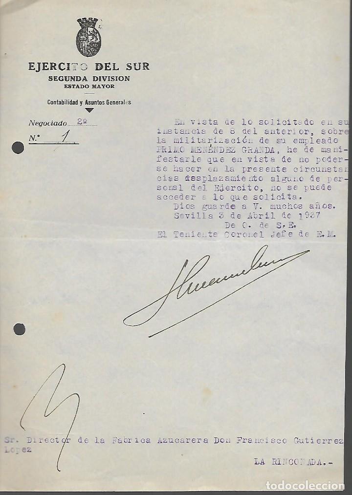 Militaria: SEVILLA.- ESTADO MAYOR. DENEGADO PERMISO PARA TRABAJAR EN LA AZUCARERA, ABRIL 1937. VER FOTO