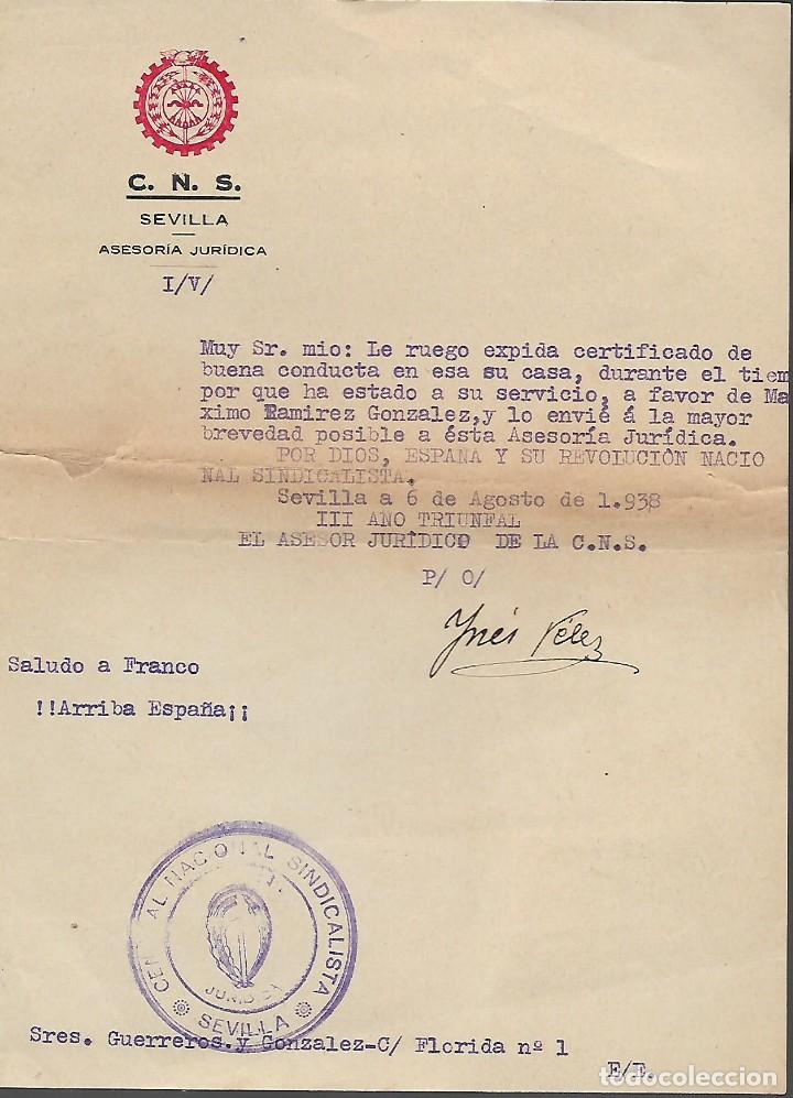 Militaria: SEVILLA.- C.N.S. CERTIFICADO BUENA CONDUCTA.- AGOSTO 1938, VER FOTO