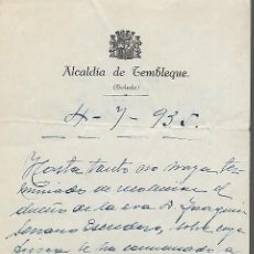Militaria: ALCALDIA DE TEMBLEQUE-TOLEDO- FIRMADO EL ALCALDE.- AÑO 1935. REPUBLICA- , VER FOTOS